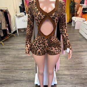 Leopard Print Long Sleeve Cutout Romper